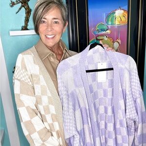 Lilac purple or khaki tan checkered open front knot cardigan sweater